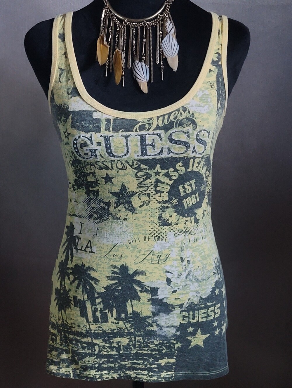 GUESS Yellow and Black Graphic Scoop Neck Tank Top
